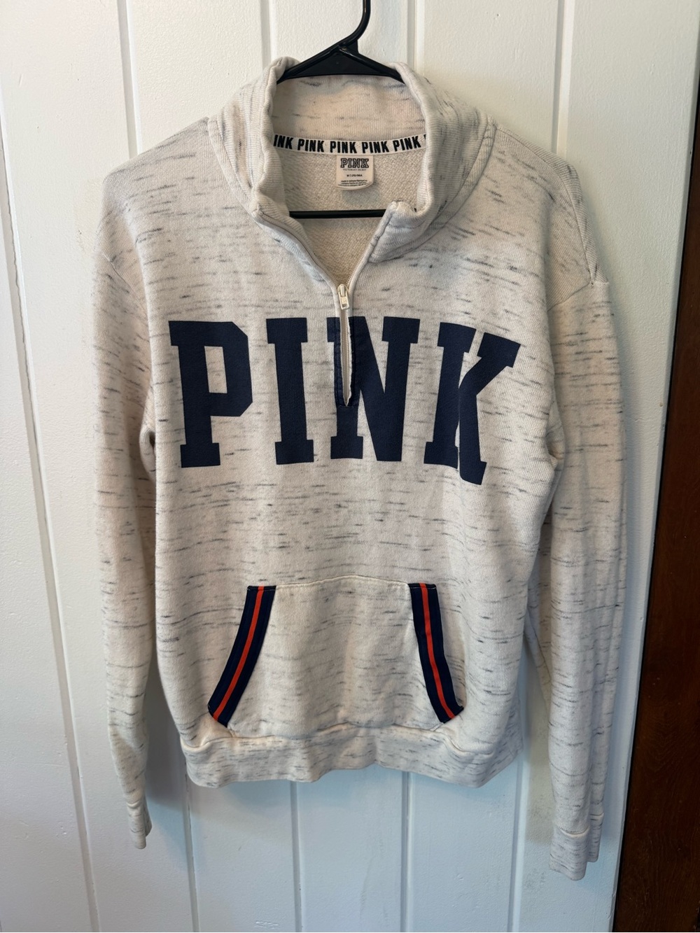 Victoria's Secret PINK White Heather Half-Zip Sweatshirt with Navy Logo